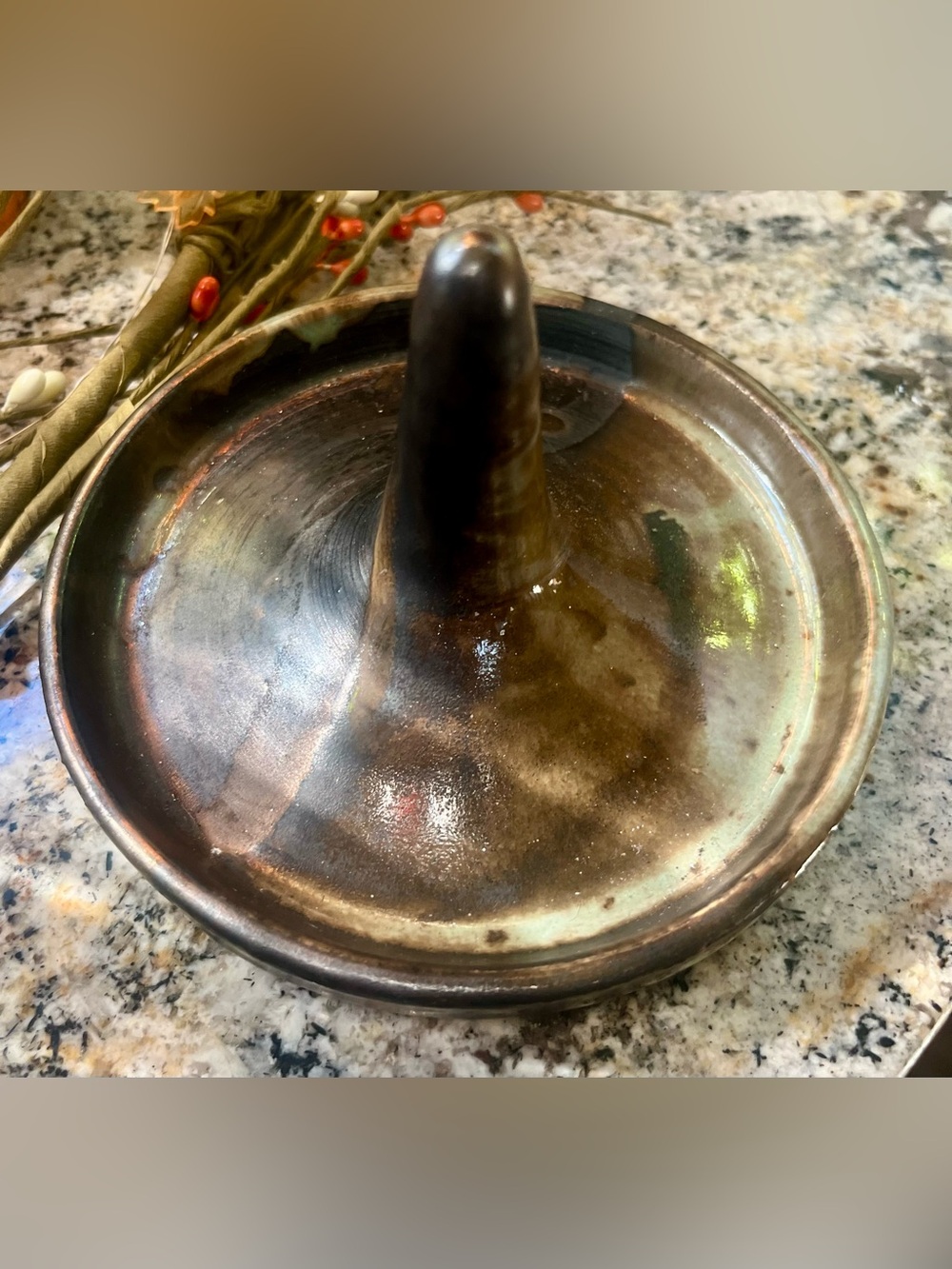 Handcrafted Ceramic Ring Holder Dish in Brown and Green Glaze